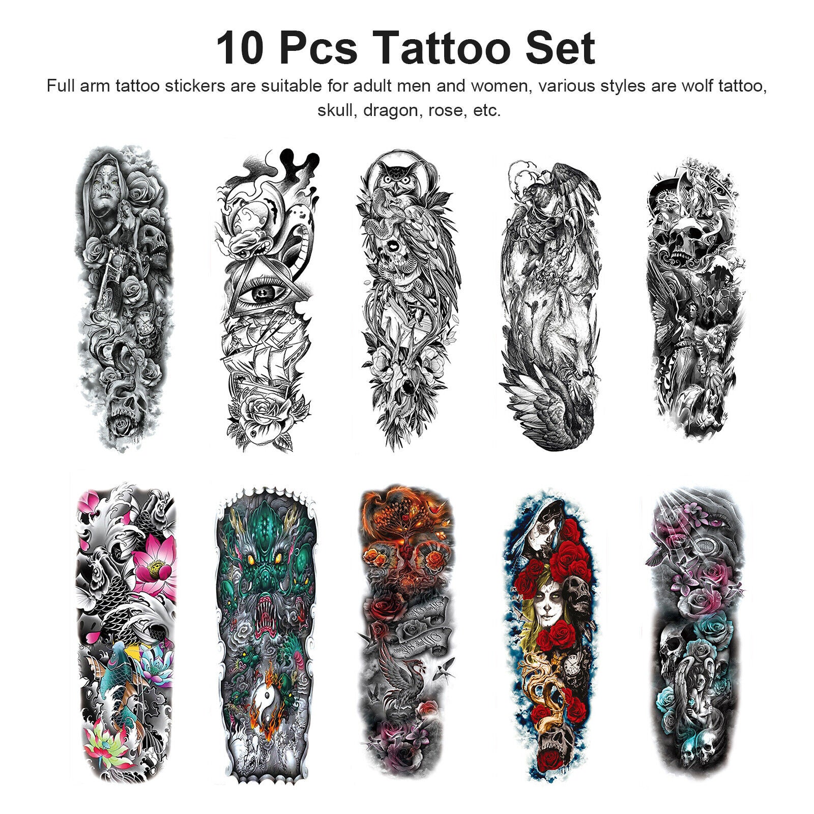 10PCS Large Full Arm 3D Temporary Waterproof Fake Tattoos Stickers Body Art Gift koeek - KOEEK