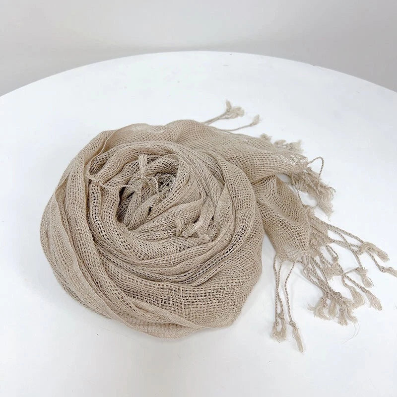 Mens  Flax Linen Natural Beige Scarf Breathable Tasseled Neckerchief Shawl 07FC0E-D4 - KOEEK