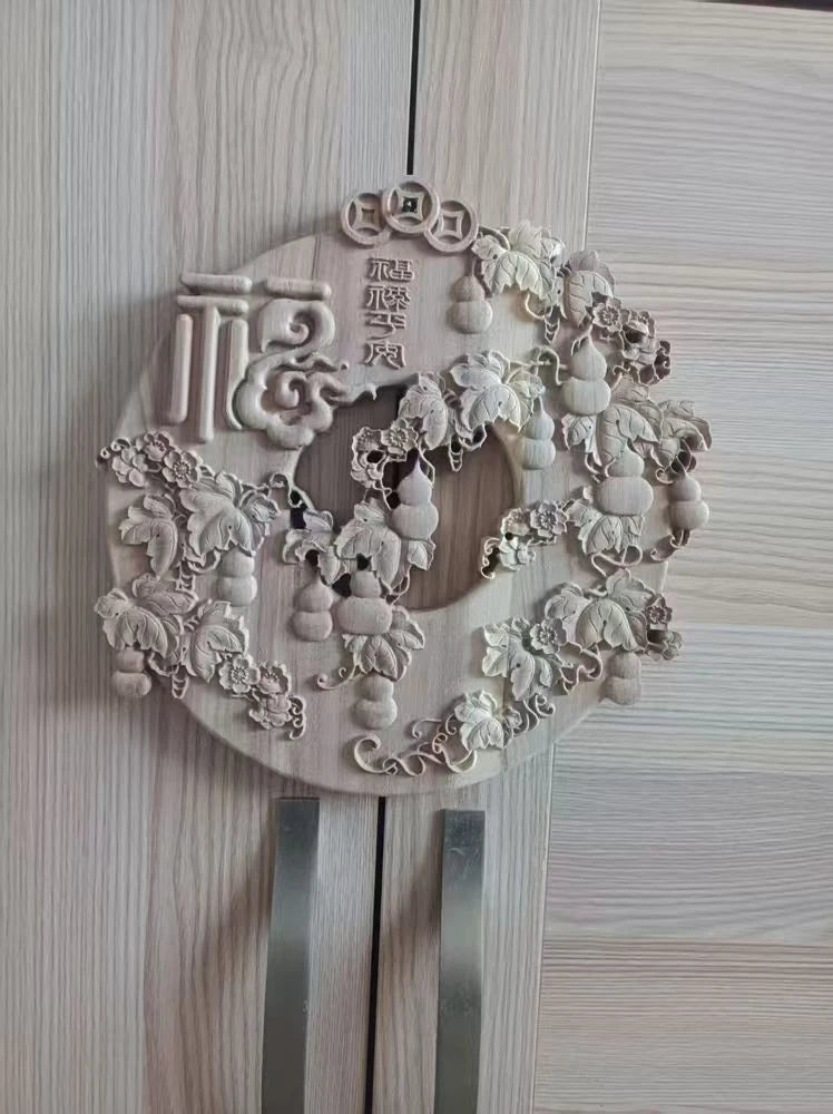 Dongyang Fu Lu Peace Wood Carving Wall Hanging Round 27cm Home Decor 07FC0E-D4 - KOEEK