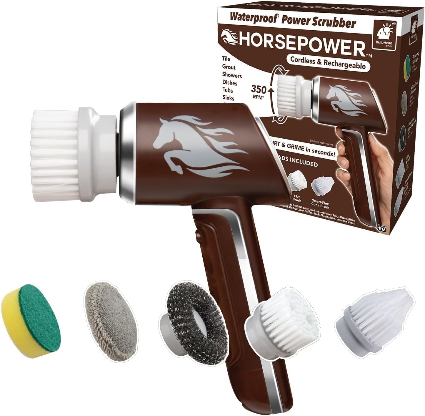 new Horsepower Scrubber, Waterproof, Electric Power, Spins 350 RPM, 5 Brush Red 07FC0E-D4 - KOEEK