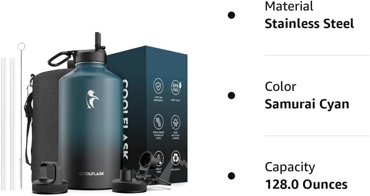 128 oz.Gallon Insulated Water Bottle with Straw and 3 Lids,Stainless Steel Metal 07FC0E-D4 - KOEEK