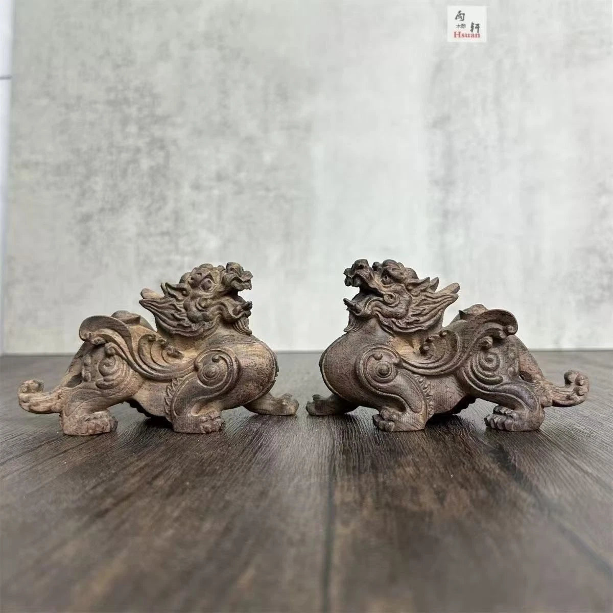 Vietnam Agarwood Pixiu Tianlu Pair Figurines 10cm Wood Carving Feng Shui Decor 07FC0E-D4 - KOEEK