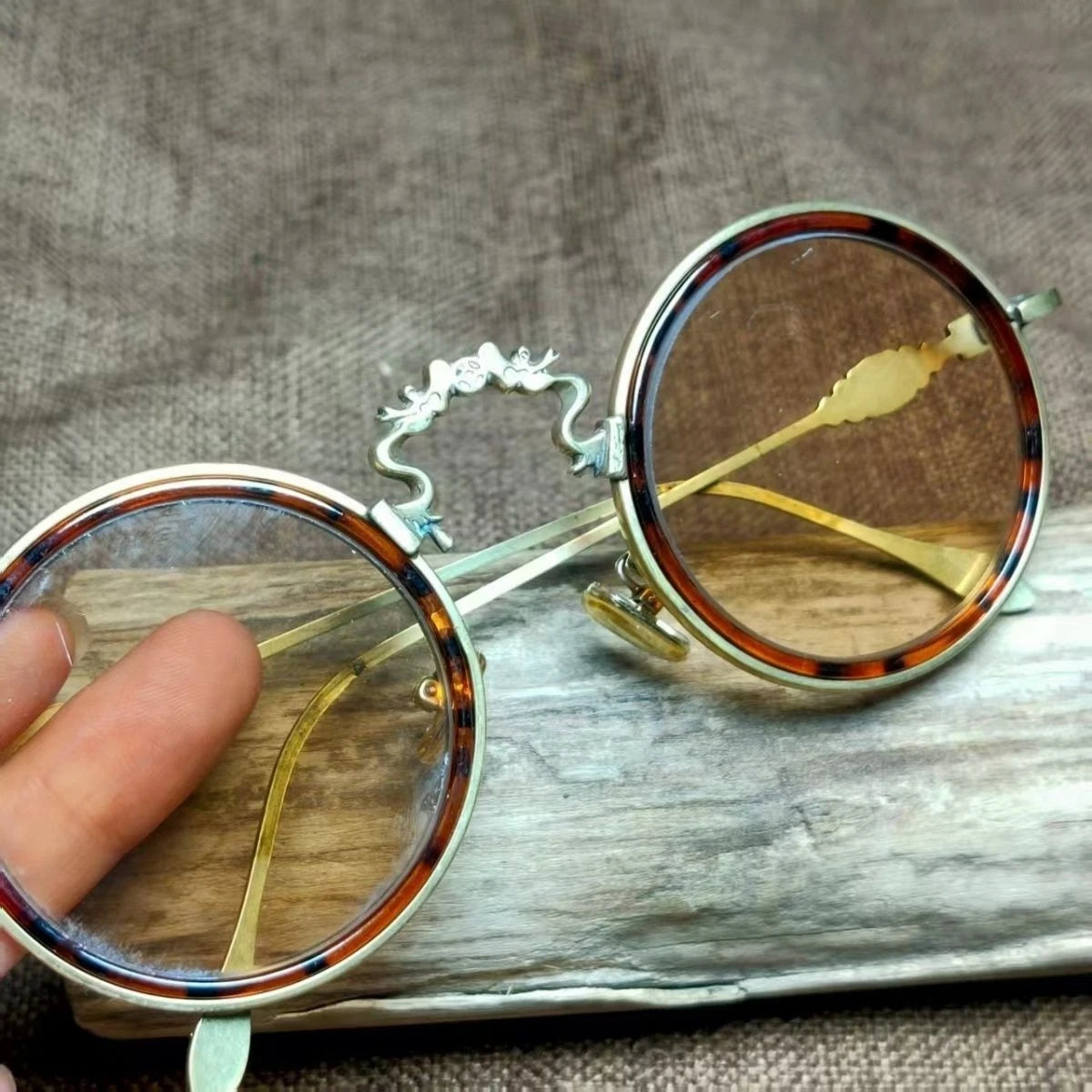 Vintage Chinese Crystal Round Glasses Tea Tint Copper Frame Eyewear Sunglasses 07FC0E-D4 - KOEEK