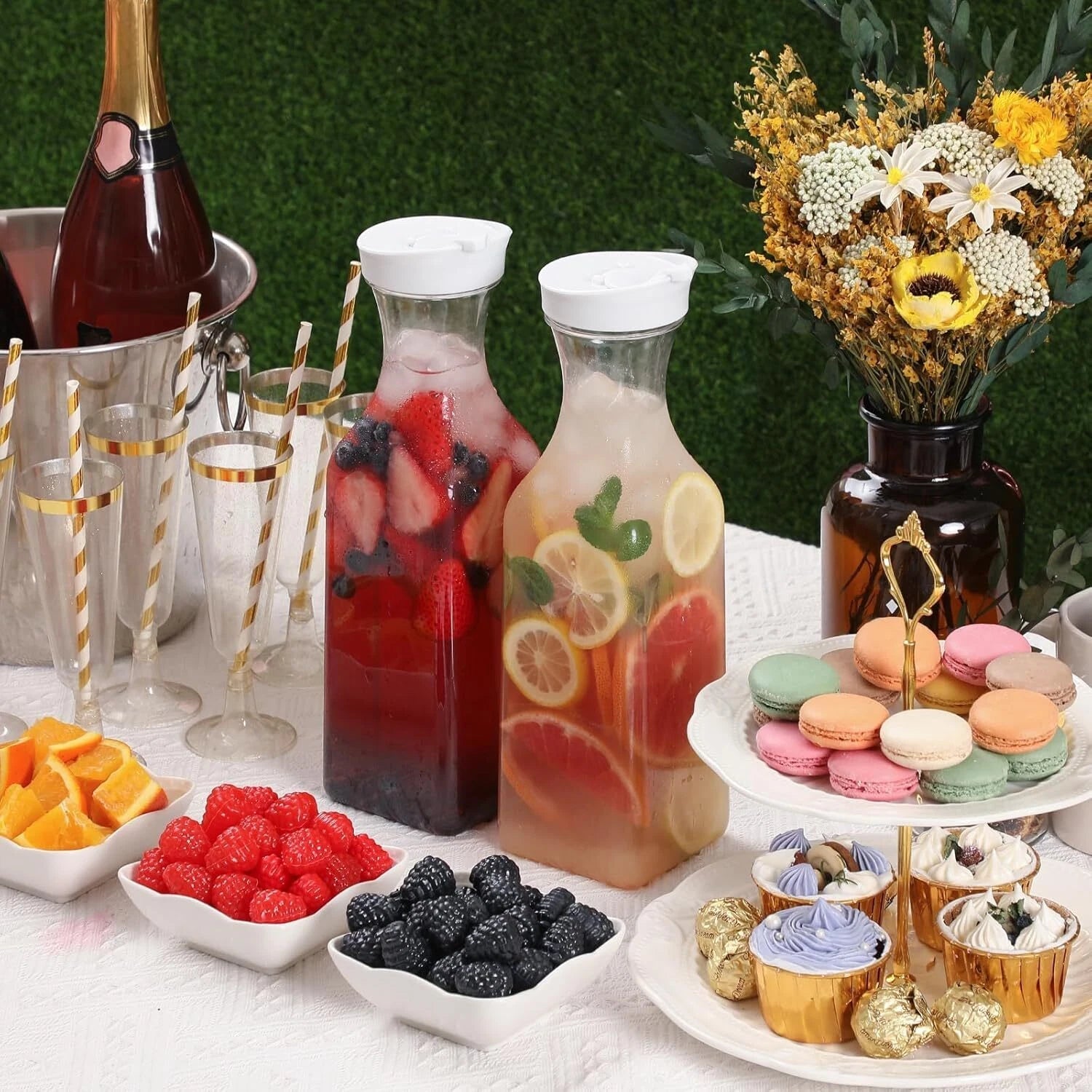 Plastic 50 Oz Water Carafe Flip Top Lid,Set of 2 Square Base Juice Containers 07FC0E-D4 - KOEEK