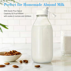 Milk Bottle with Dispenser Cap,  Airtight Heavy Duty Screw Lid. 2 Pack 32 Oz 07FC0E-D4 - KOEEK
