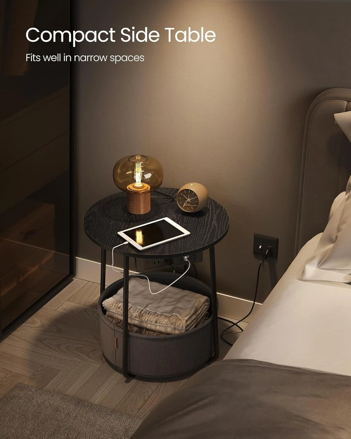 Side table with charging seat, round end table with fabric basket, slate gray 07FC0E-D4 - KOEEK