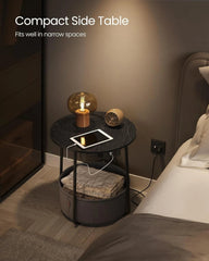 Side table with charging seat, round end table with fabric basket, slate gray 07FC0E-D4 - KOEEK