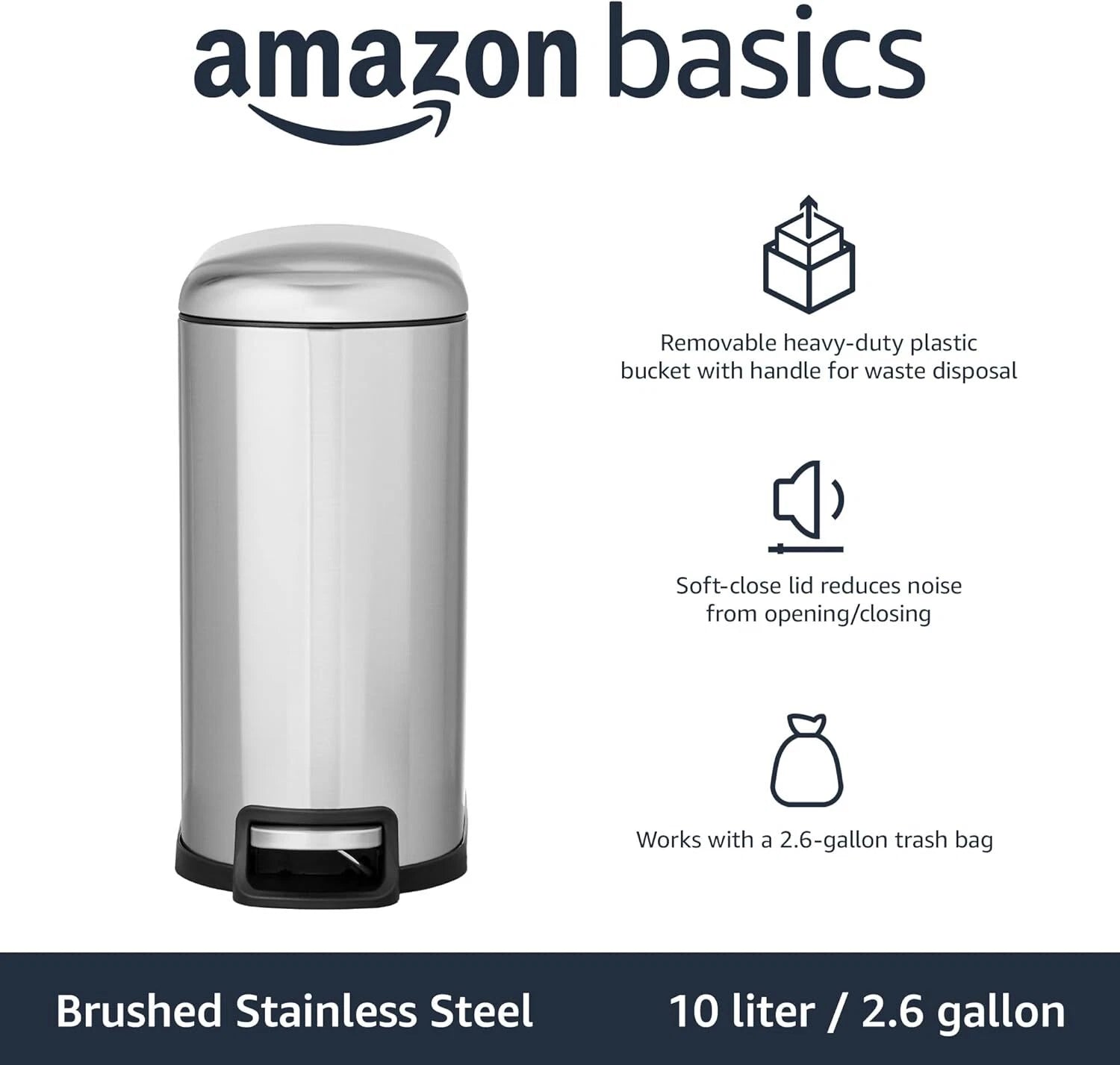 Compact trash can with lid and soft close foot pedal, brushed stainless steel 07FC0E-D4 - KOEEK