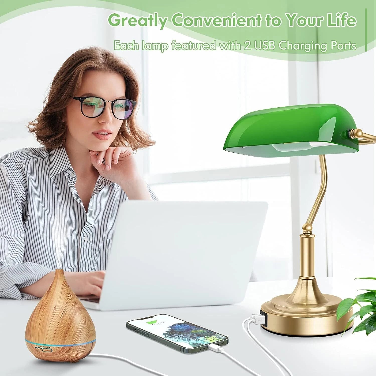 Banker's Desk Lamp with 2 USB Ports, 3-Way Dimmable Vintage Desk Lamp 07FC0E-D4 - KOEEK