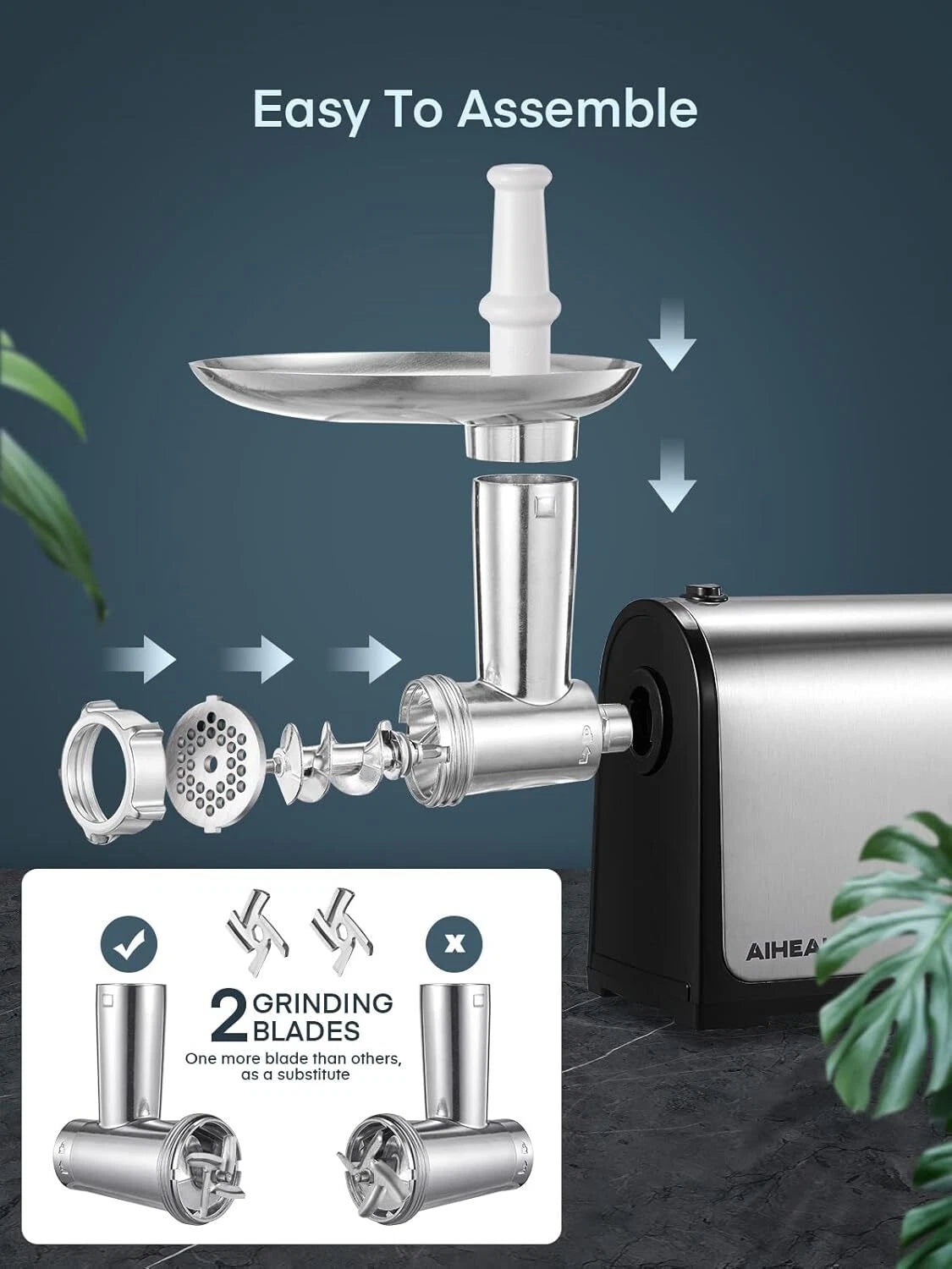 Electric meat grinder with 3 sausage tubes for home kitchen, stainless steel 07FC0E-D4 - KOEEK