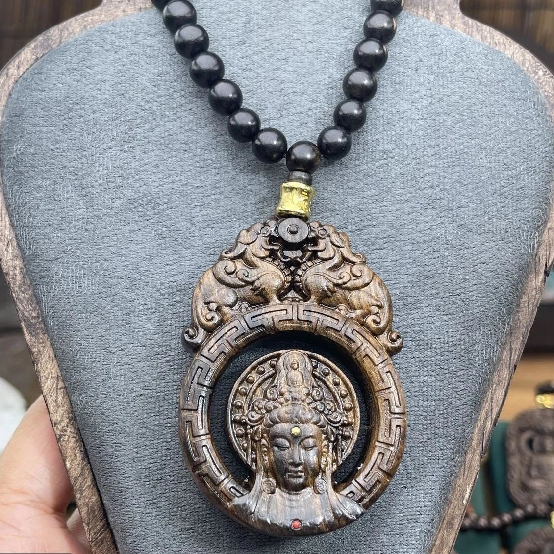 Nha Trang Agarwood Double Sided Pixiu Guanyin Pendant Necklace Car Hang Charm 07FC0E-D4 - KOEEK