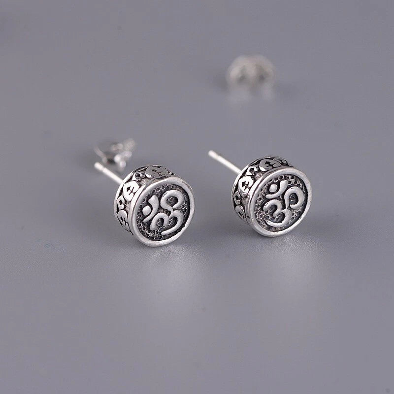 Solid 925 Sterling Silver Buddhist Mantra Round Stud Earrings 0.31inch 07FC0E-D4 - KOEEK