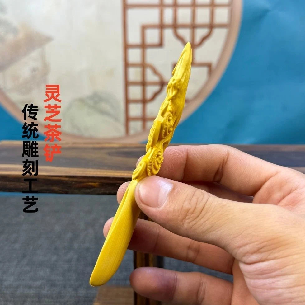 Boxwood Carved Lingzhi Tea Scoop Home Décor Chinese Style Handicraft Ornament 07FC0E-D4 - KOEEK