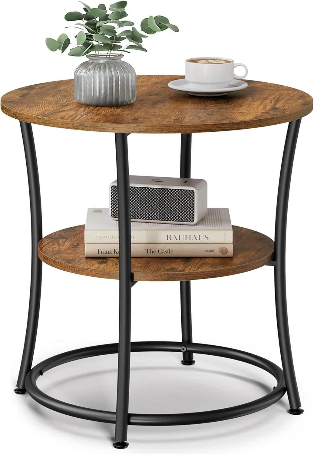 Side Table, Round Side Table with 2 Shelves, Rustic Brown and Ink Black 07FC0E-D4 - KOEEK