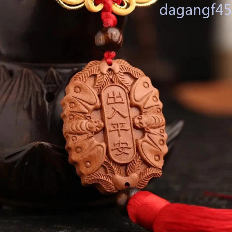 Chinese PingAn Bats Peach Wood HandCarved Tassels Knot Car Pendant Amulet 07FC0E-D4 - KOEEK