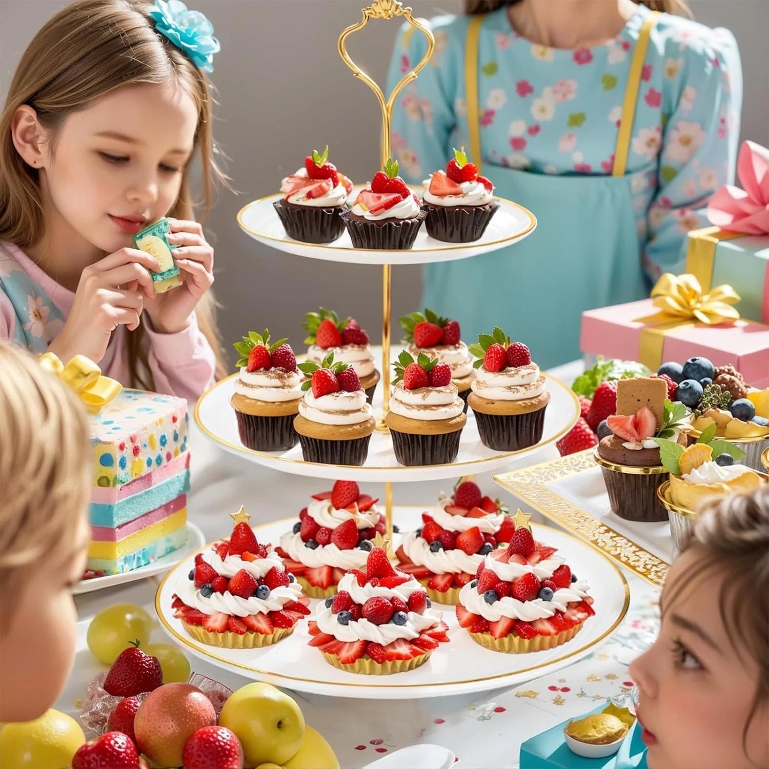 3 Tier Cupcake Stands, Plastic Trays,Cake Platters Includes 6 pcs Pastry Trays 07FC0E-D4 - KOEEK
