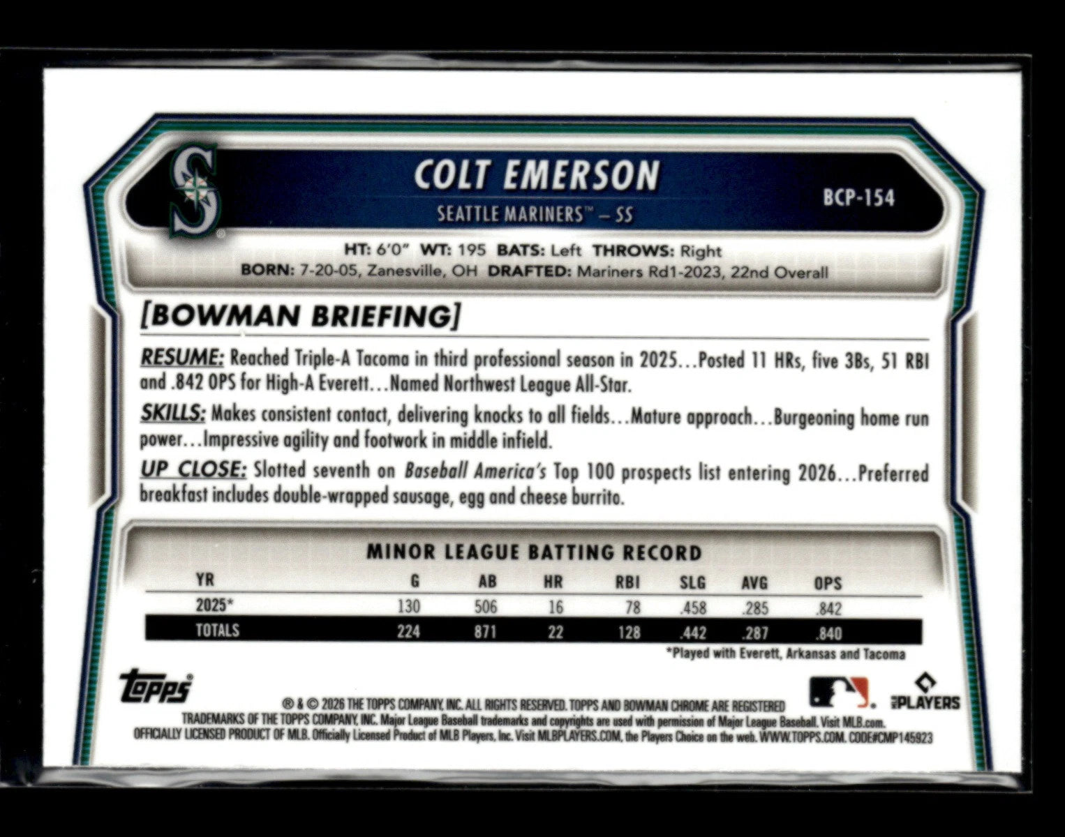 Colt Emerson 2026 Bowman Chrome Baseball League LogoFractor Prospects [sqxj69 07FC0E-D4 - KOEEK