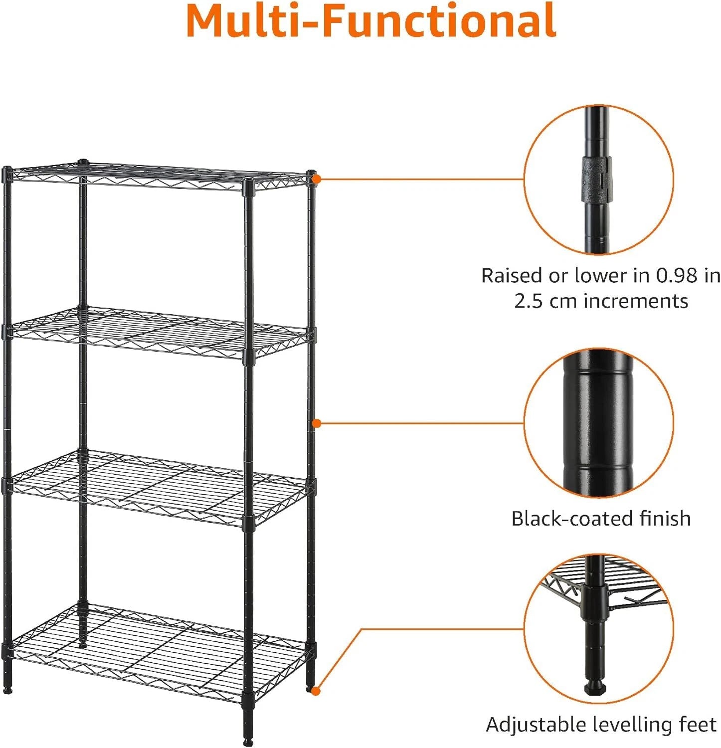 4 Wire Storage Shelves, Adjustable, Sturdy, Easy to Assemble, Black 07FC0E-D4 - KOEEK