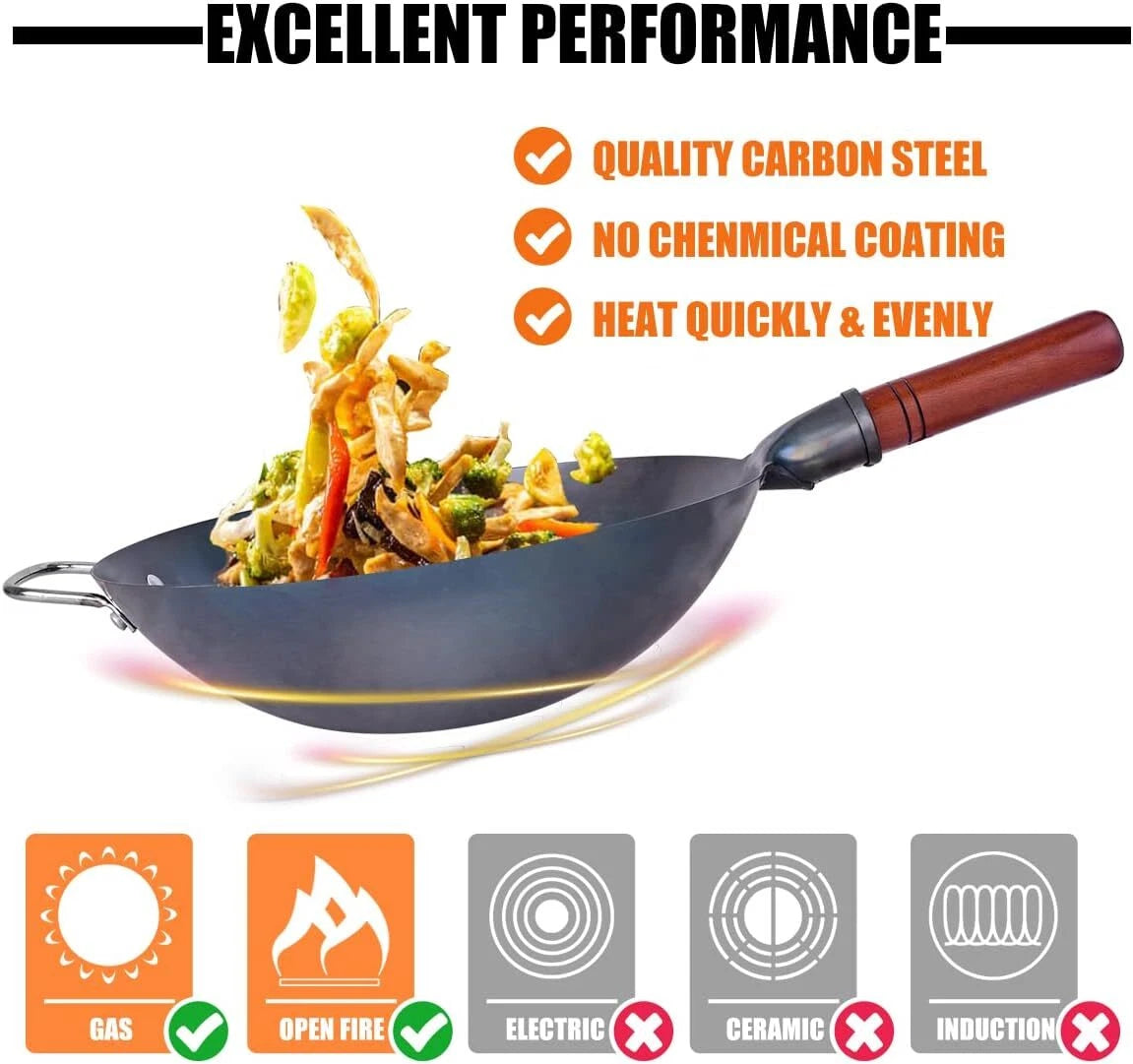 Carbon Steel Frying Pan Traditional Handmade - Chinese Frying Pan Set 07FC0E-D4 - KOEEK