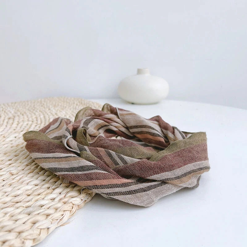 Womens  Flax Linen Brown Striped Bandana Neck Wrap Neckerchief Shawl Scarf 07FC0E-D4 - KOEEK