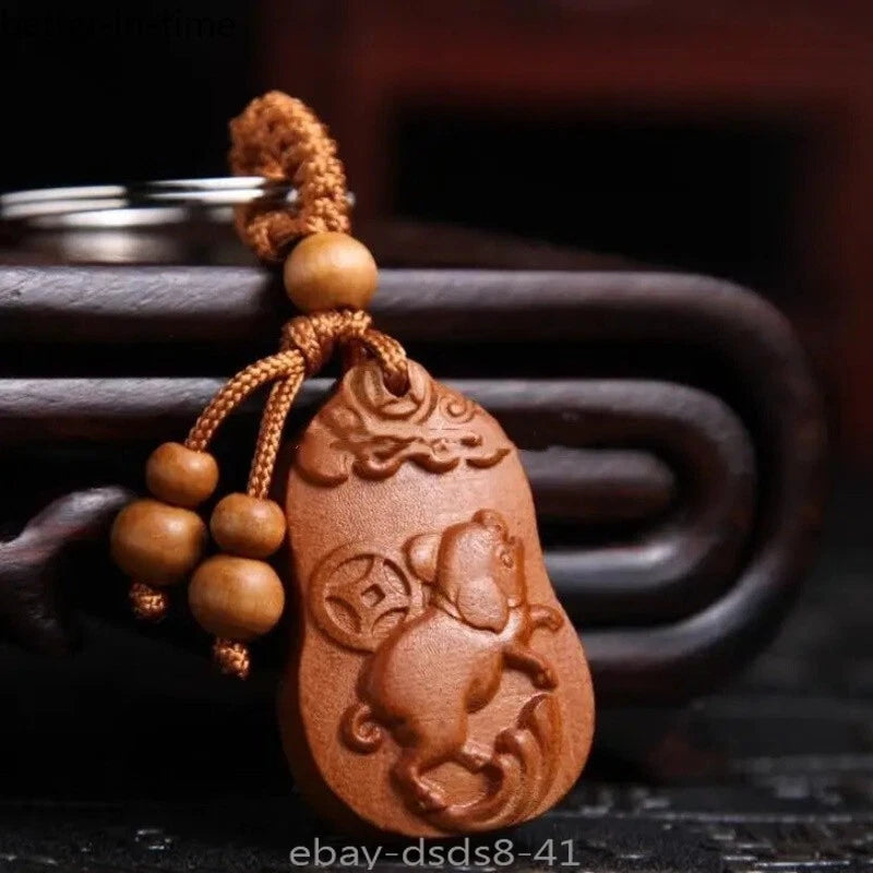 Peach Wood Hand-Carved Zodiac Pig Exquisite Key Chain Pendant Statue 07FC0E-D4 - KOEEK