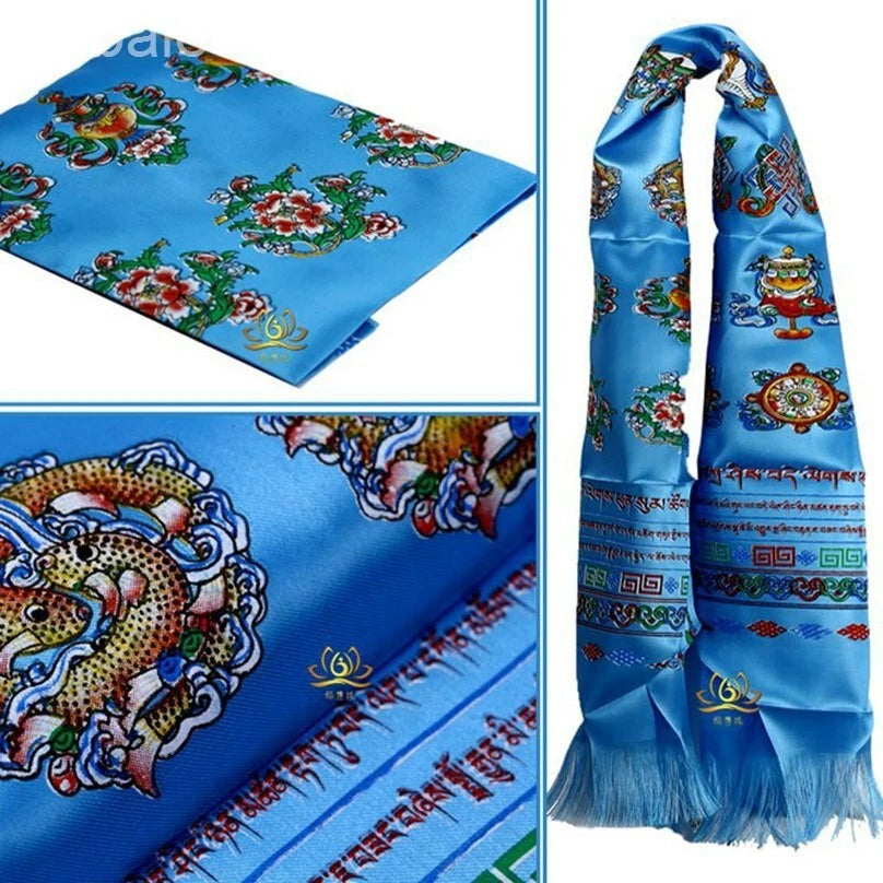 5pcs 240cm 94" Tibetan Traditional Khata Eight Auspicious Symbol Good Luck Scarf 07FC0E-D4 - KOEEK
