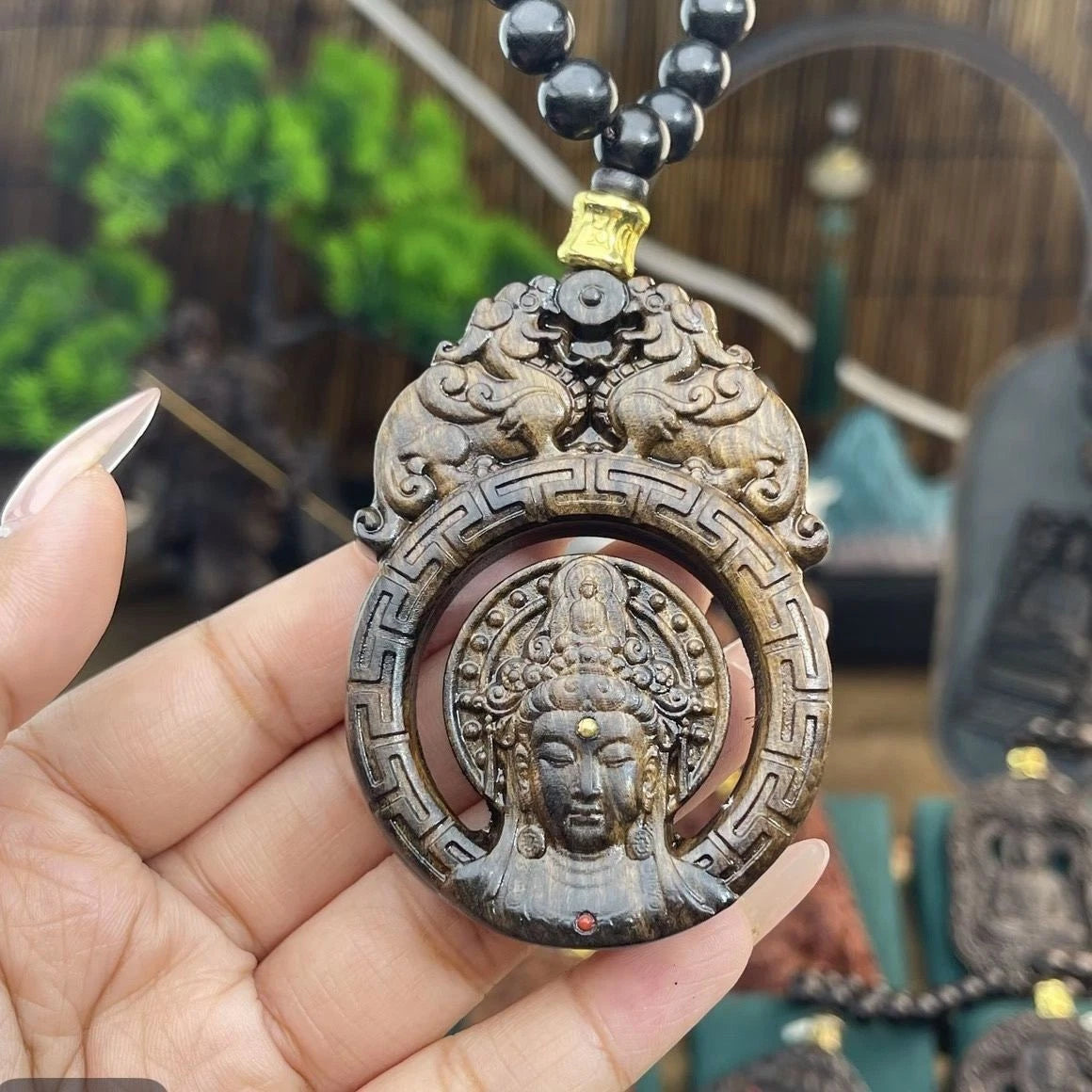 Nha Trang Agarwood Double Sided Pixiu Guanyin Pendant Necklace Car Hang Charm 07FC0E-D4 - KOEEK