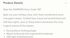 Anthropologie Wonderland Scene Monogram Light-Up Holiday Decoration Letter P ANTHROPOLOGIE - KOEEK