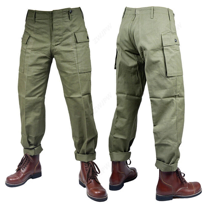 WWII US HBT Army Casual Pants Vintage Military Replica Green Men's Trousers 07FC0E-D4 - KOEEK