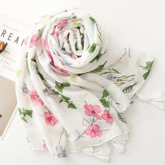 Women White Garden Floral Stole Scarf Summer Spring Soft Breathable Thin Shawl 07FC0E-D4 - KOEEK
