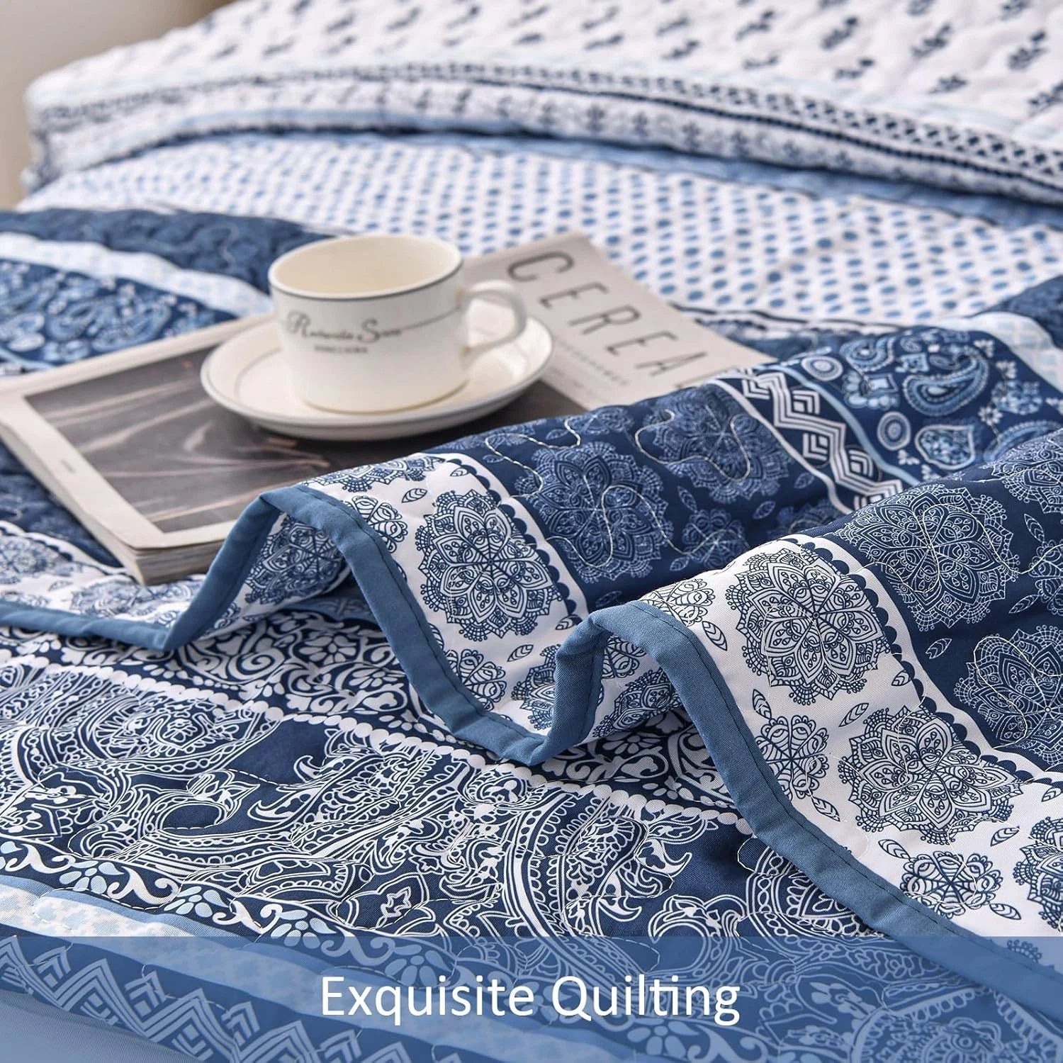Bohemian Style Quilt Set (Queen Size) Navy Blue Bohemian Style 3-Piece Quilt Set 07FC0E-D4 - KOEEK