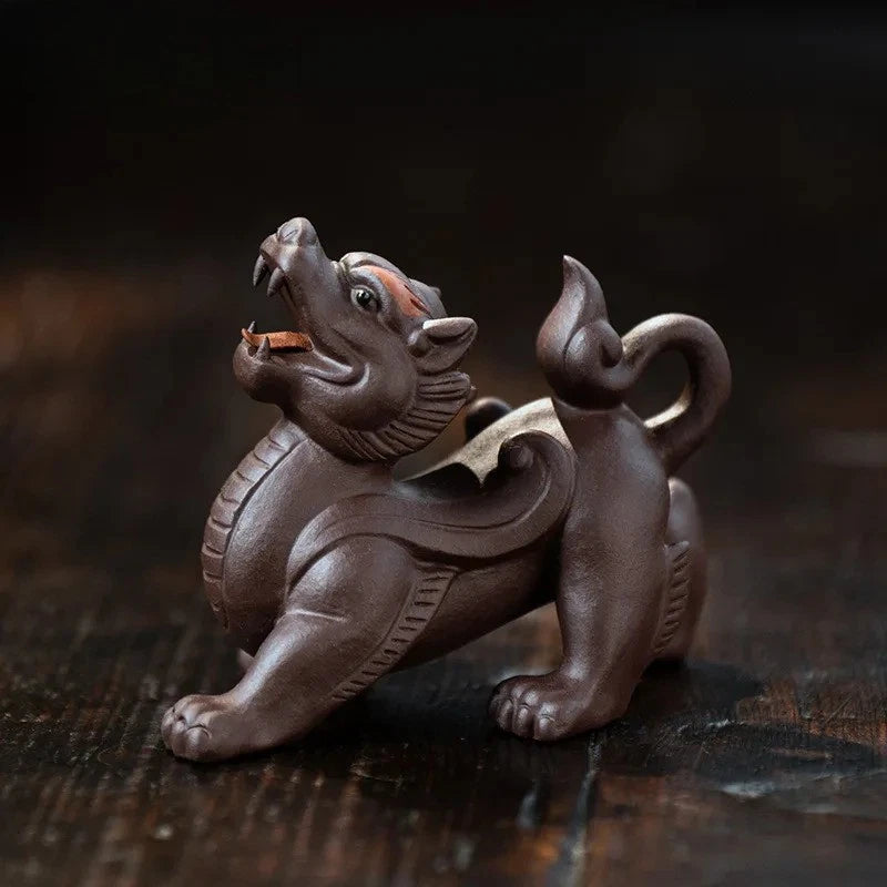1Pair 9.2cm Yixing Purple Clay Wealth Pixiu Tea Pet Statue Auspicious Ornament 07FC0E-D4 - KOEEK
