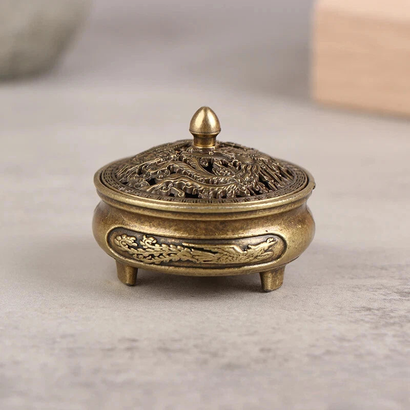 Antique Brass Pocket Dragon Phoenix Incense Burner Hollow Incense Chinese 07FC0E-D4 - KOEEK
