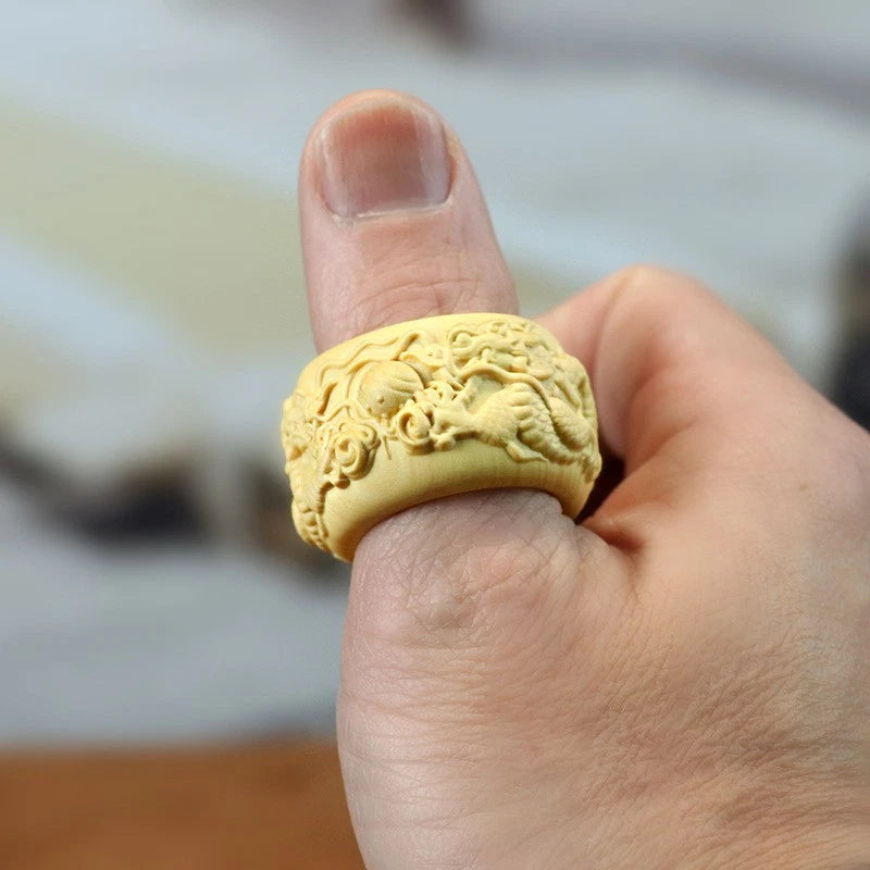 22MM Boxwood Dragon Ring Chinese Style Zodiac Wooden Finger Ring 07FC0E-D4 - KOEEK