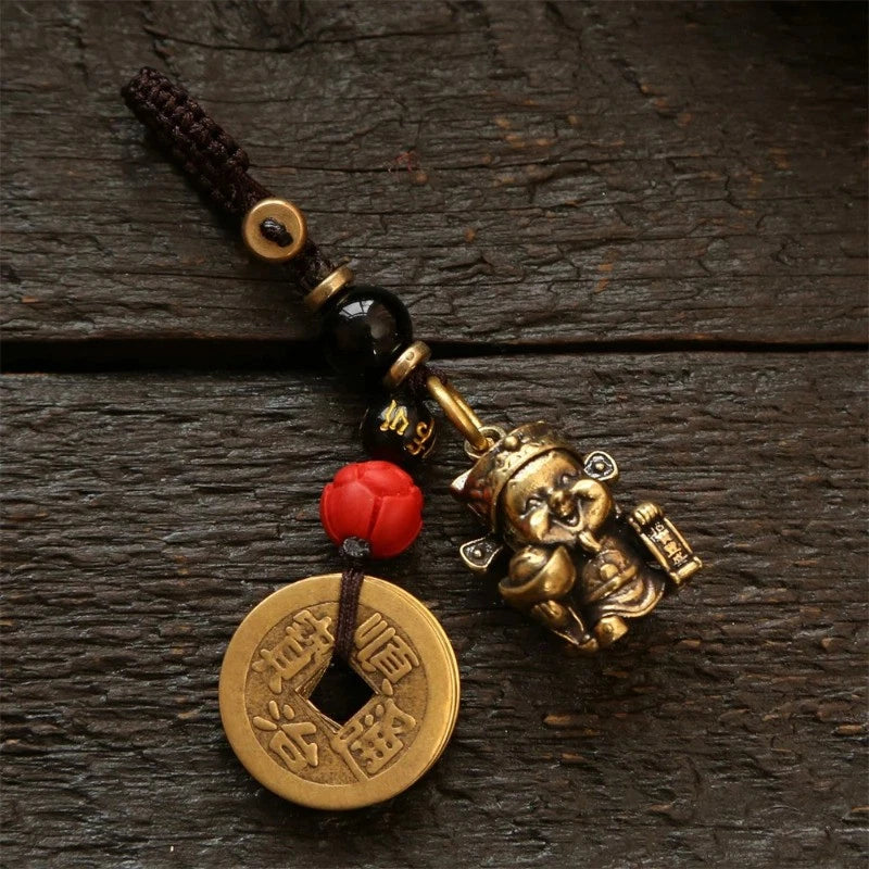 Vintage Brass Wealth God Keychain Amulet Handmade Braided Rope  Pendant 07FC0E-D4 - KOEEK