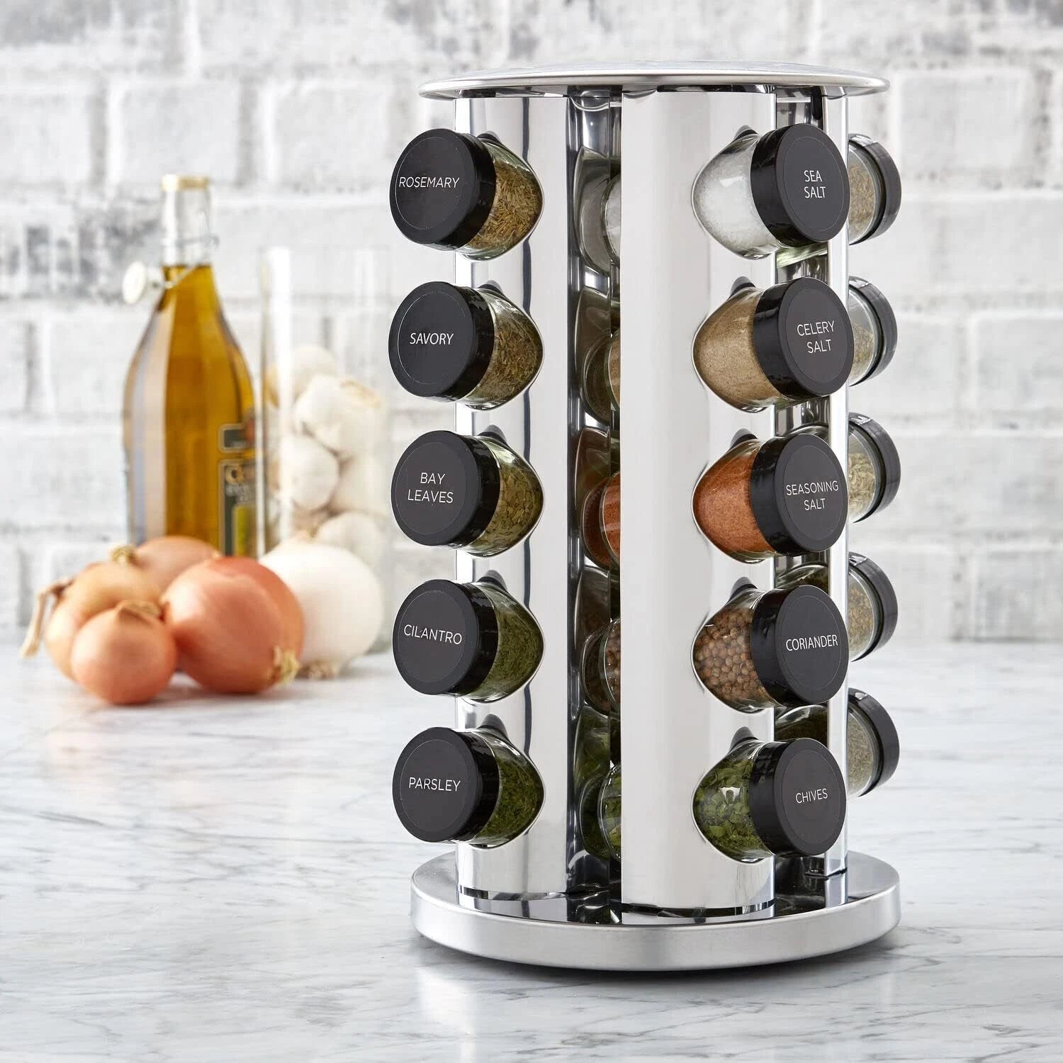 20-can rotating tabletop spice rack, polished stainless steel, black lid 07FC0E-D4 - KOEEK