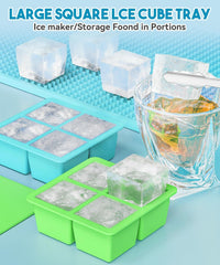 new 2 Pack Silicone Ice Cube Tray with Lid -Large 4.5*4.5*2.1in, Green，Blue 07FC0E-D4 - KOEEK