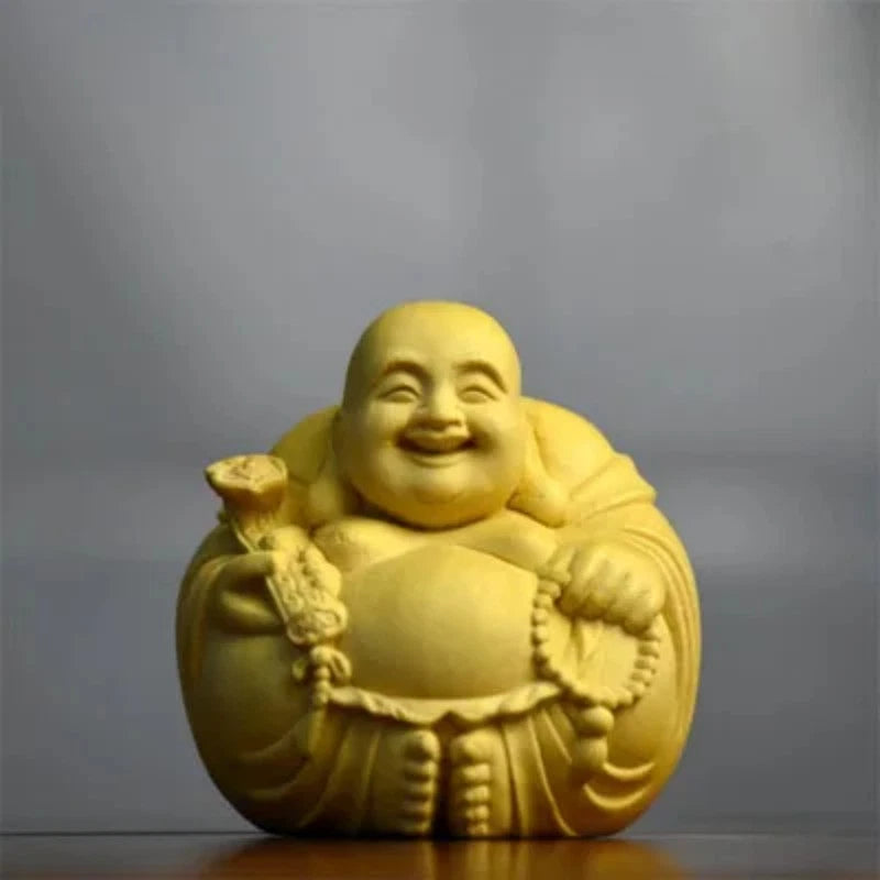 4cm Exquisitely Boxwood Hand-Carved Laughing Maitreya Buddha Tea Pet Ornament 07FC0E-D4 - KOEEK