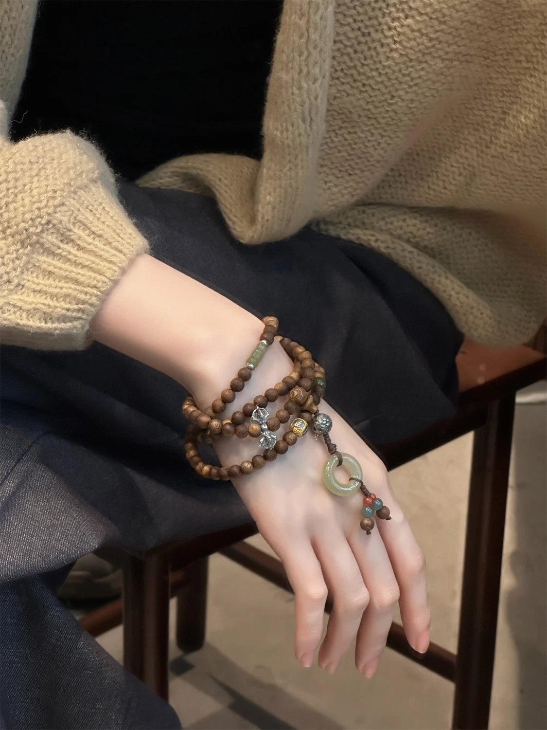 Qinan Agarwood Bead Bracelet Elastic Four Strand Womens Jewelry 07FC0E-D4 - KOEEK