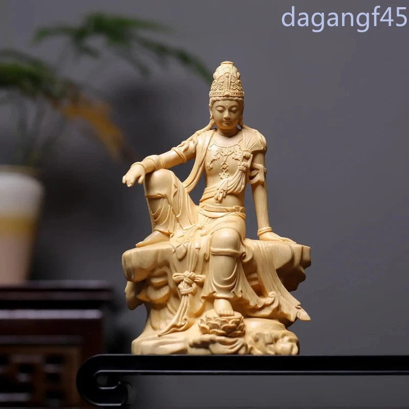 23cm Traditional Cypress Wood Guanyin Bodhisattva Hand-carved Buddhist Statue 07FC0E-D4 - KOEEK