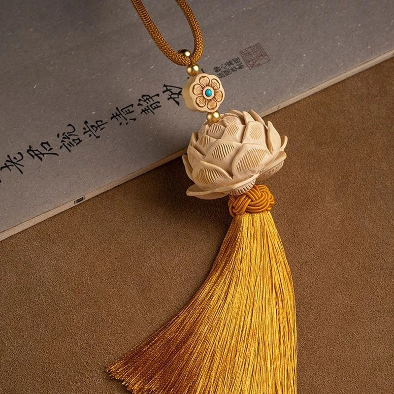 Boxwood Lotus Rearview Mirror Hanging Ornament Tassel Car Charm Unisex 07FC0E-D4 - KOEEK