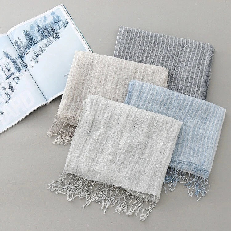 Mens  Flax Linen Scarf Breathable Tasseled Striped Shawl Unisex Neckerchief 07FC0E-D4 - KOEEK