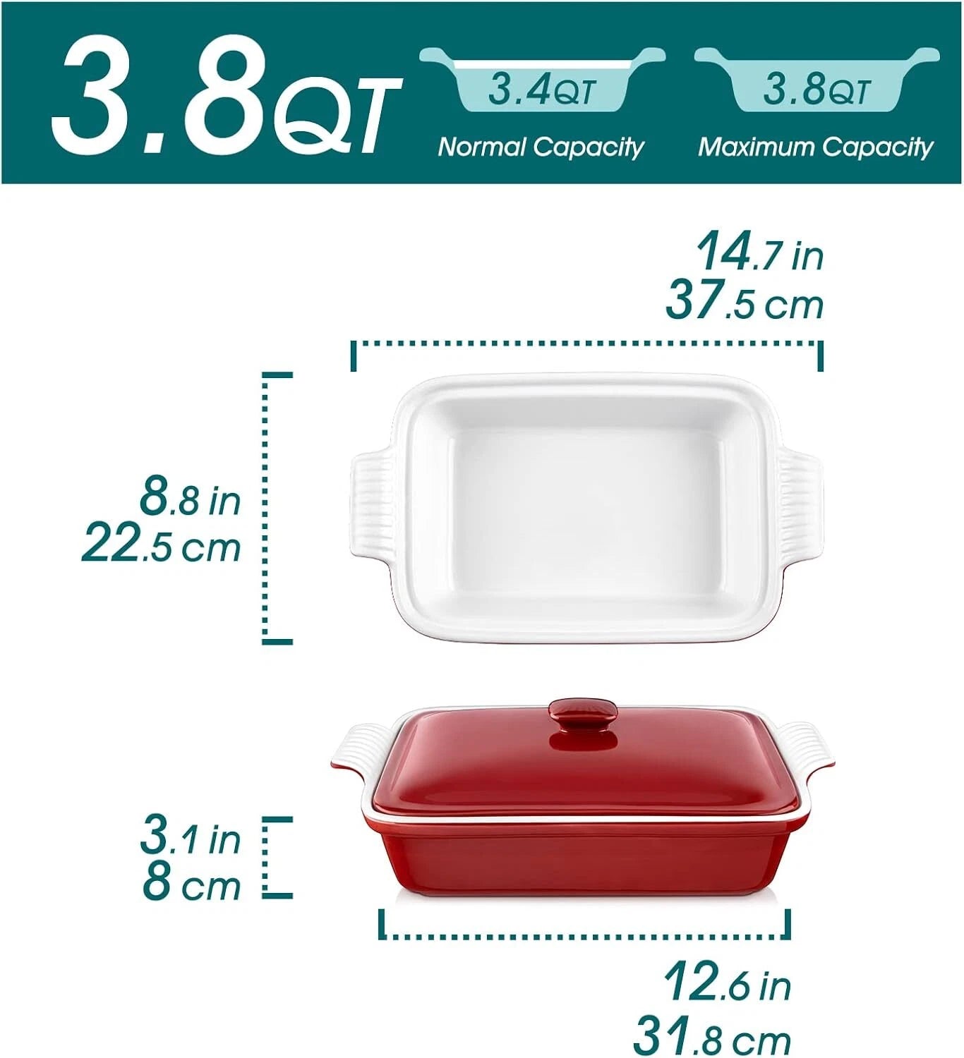 Casserole, 13x9 Baking Pan, 3.8-Quart Casserole Set , with Lid, Red 07FC0E-D4 - KOEEK
