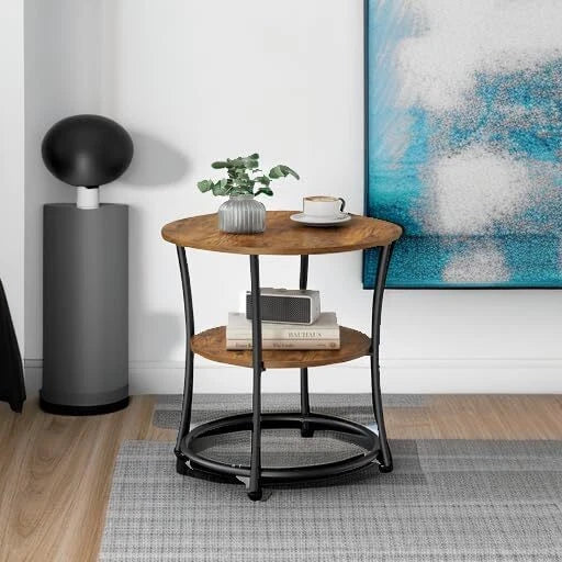 Side Table, Round Side Table with 2 Shelves, Rustic Brown and Ink Black 07FC0E-D4 - KOEEK