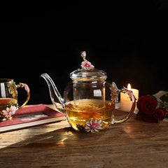 35OZ Enamel Glass Flower Teapot With Removable Loose Tea Leaf Infuser Tea Maker