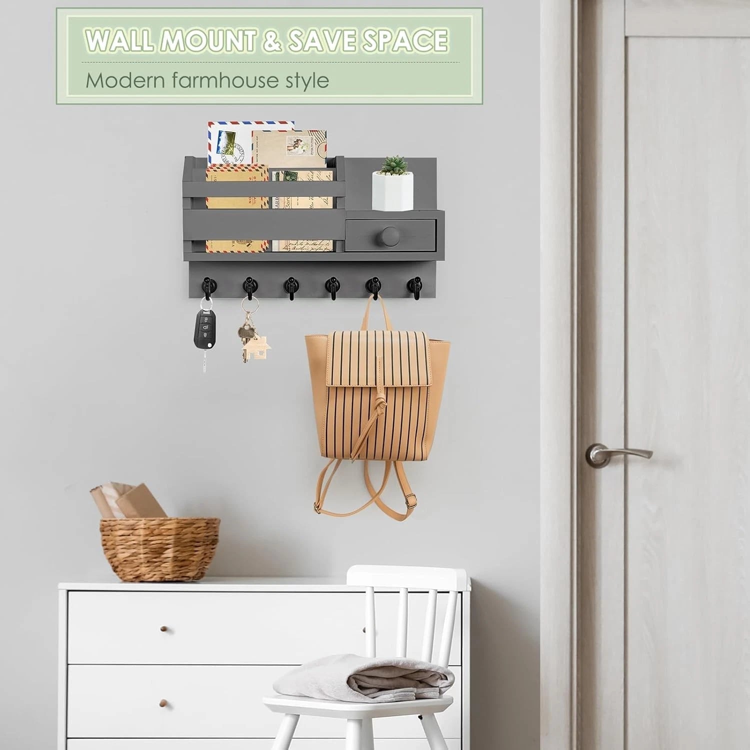 Wall-mounted key rack, wooden mail and key storage rack 07FC0E-D4 - KOEEK