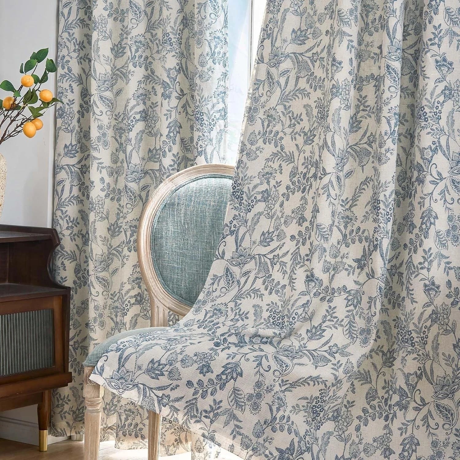 Blue floral lining curtains, rustic linen material, length 84 inches 07FC0E-D4 - KOEEK