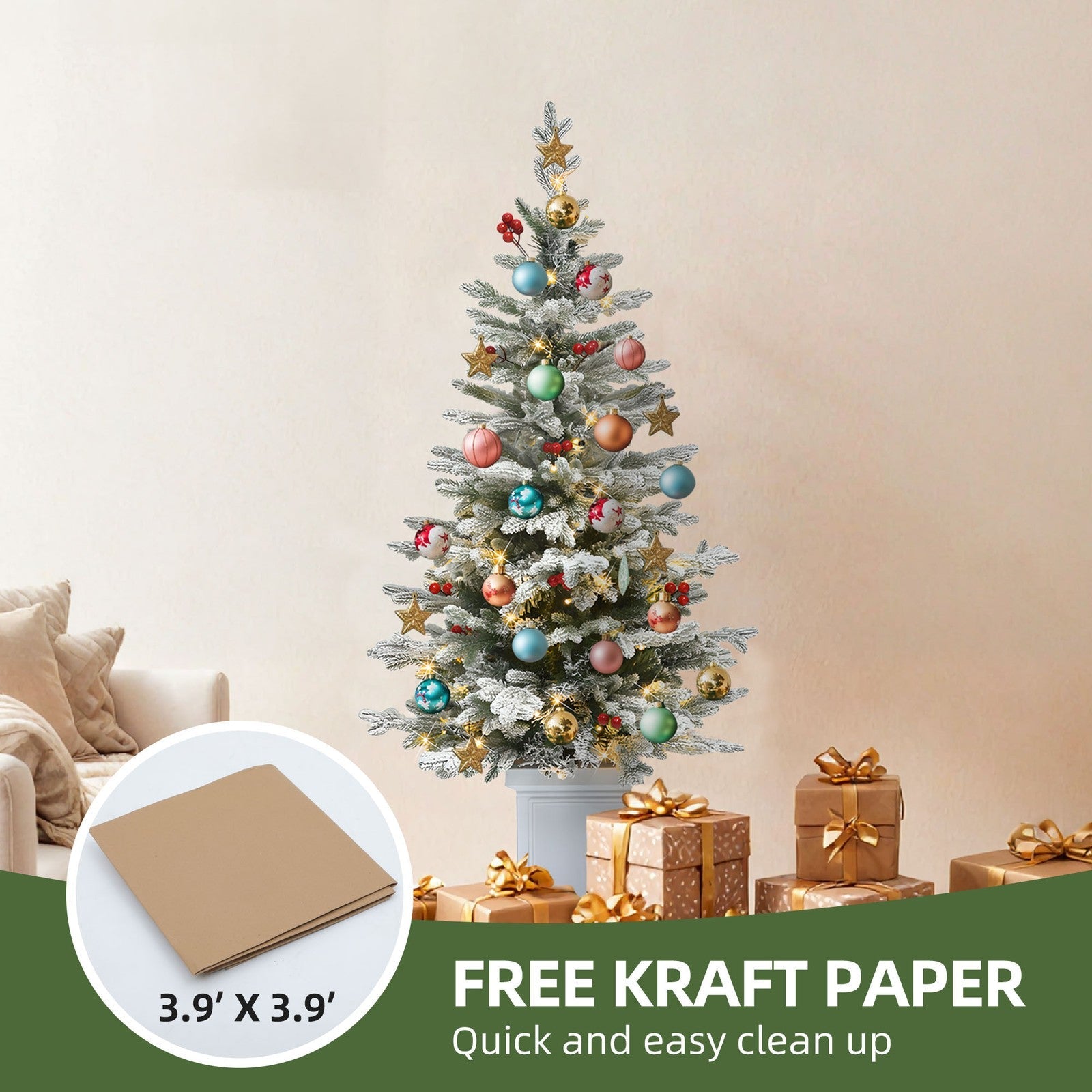 4.5ft Potted Pre-Lit Flocked Pencil Christmas Tree Slim Fir Tree with 100 Lights 07FC0E-D4 - KOEEK