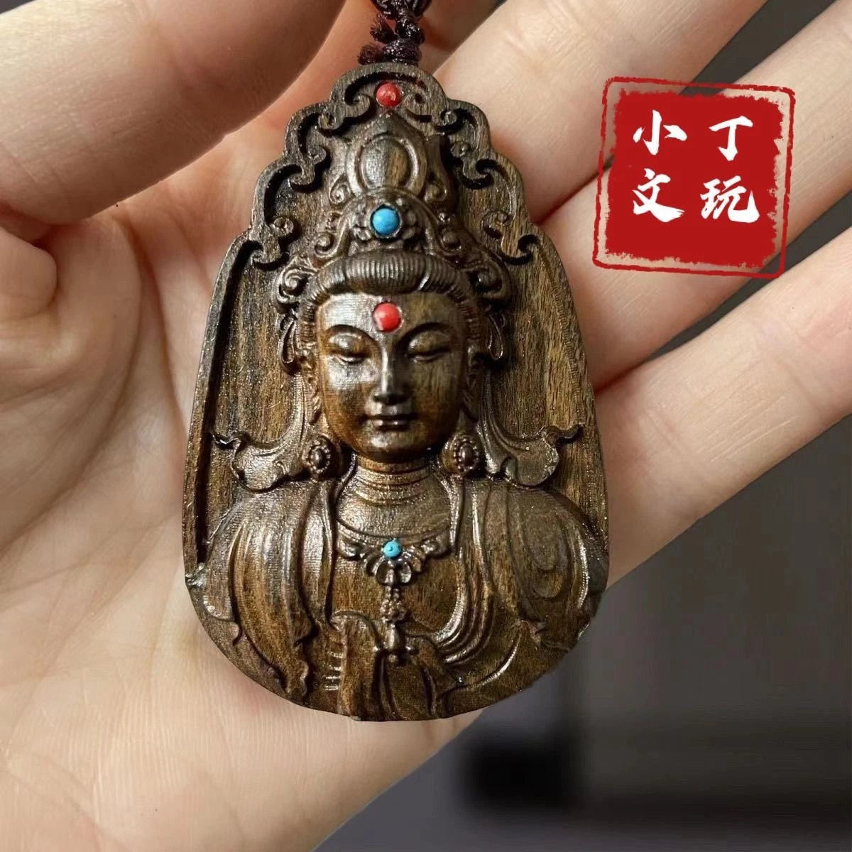 Woven Rope Godness Guanyin Necklace Natural Wood Buddha  Blessing Pendant 07FC0E-D4 - KOEEK