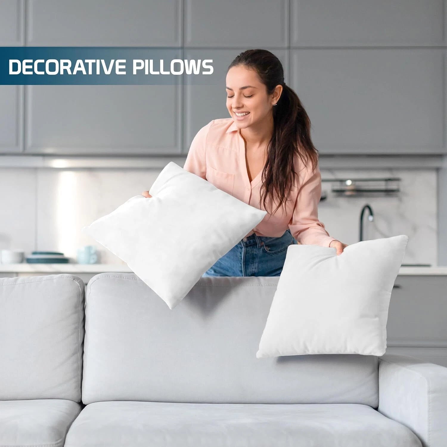 Throw Pillows (Set of 4, White), 18 x 18 Inches Pillows for Sofa, Bed and Couch 07FC0E-D4 - KOEEK